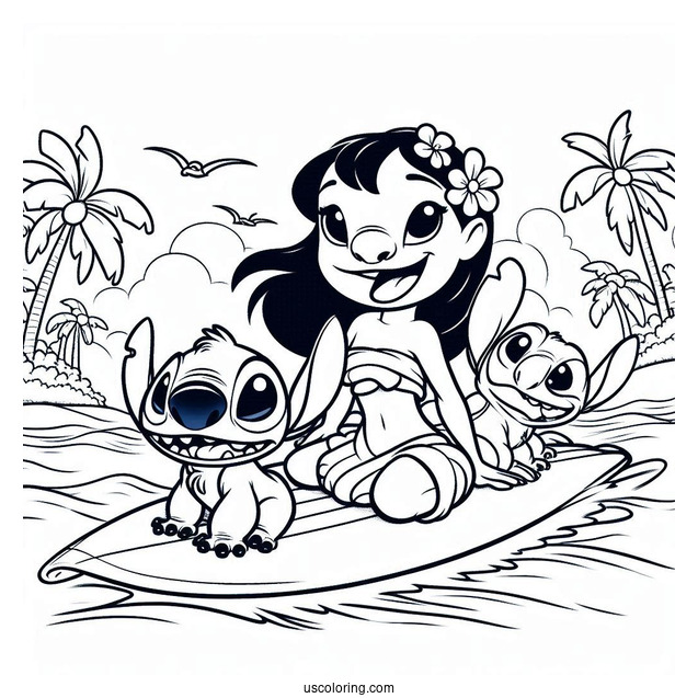 Lilo, Stitch, and Nani Pelekai Riding a Surfboard