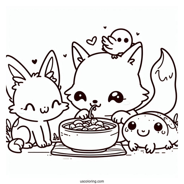 Kawaii Fox, Bird, Axolotl, And Cat Eating Together