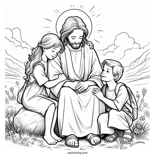 Jesus Comforting Children Coloring Sheet