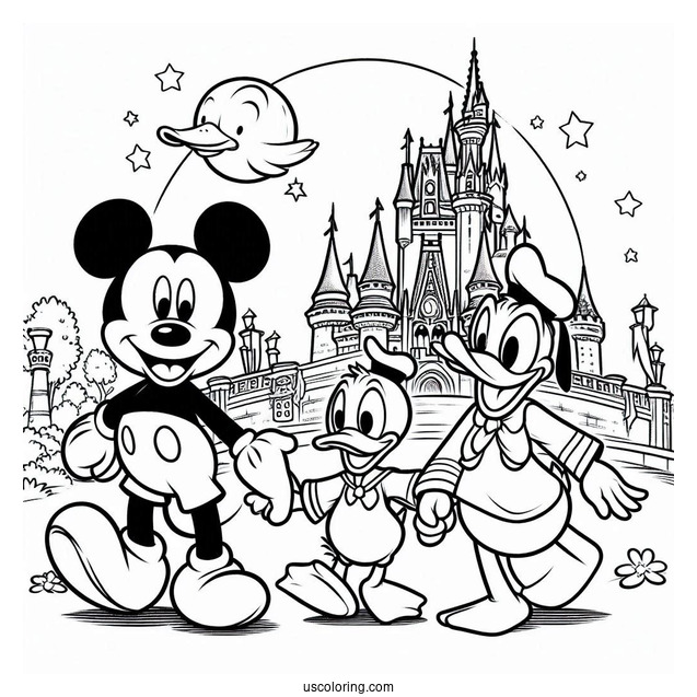 Mickey Mouse And Donald Duck With Pluto Coloring Page Outside Disney Castle