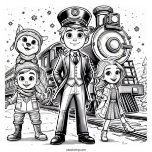 Conductor, Hero Boy, And Hero Girl In Front Of The Polar Express Coloring Page