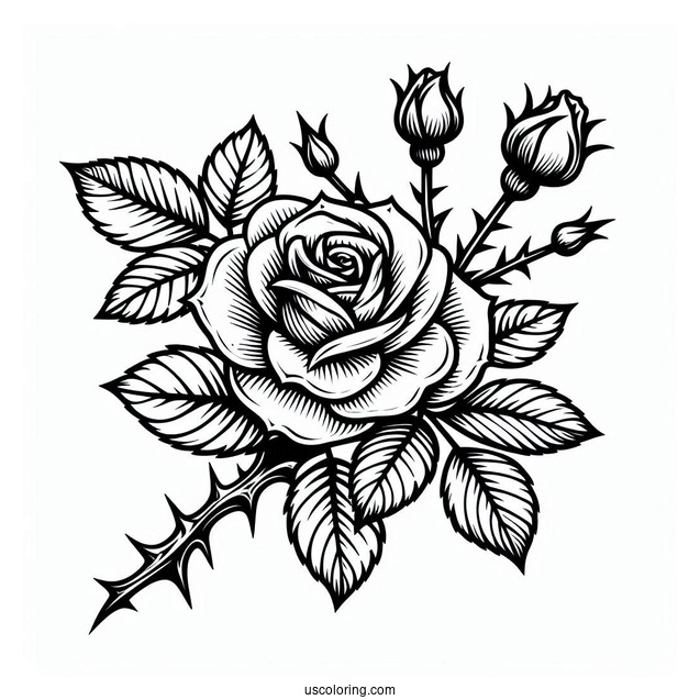 Flower Coloring Pages Of Blooming Rose With Thorns