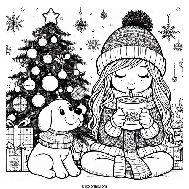 Christmas Coloring Pages For Adults Of Little Girl Drinking Hot Chocolate Next To The Christmas Tree With Her Dog
