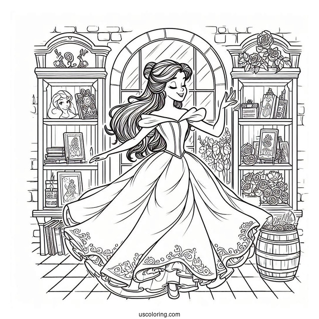 Coloring Page Of Belle Dancing In Book Store