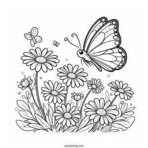 Cartoon Butterfly Hovering Above Daisies In Spring Coloring Page