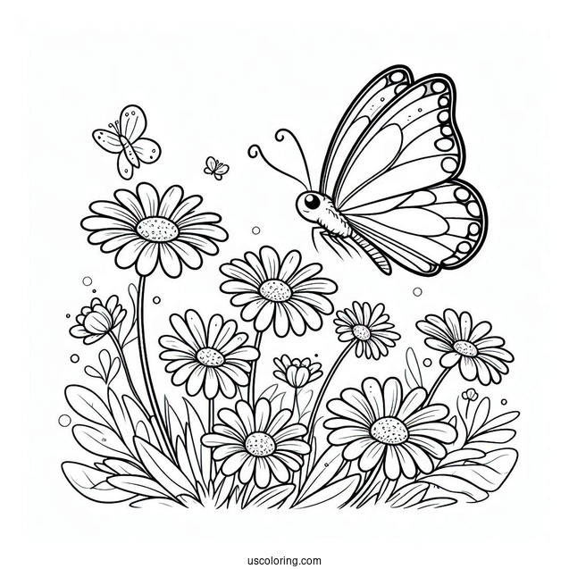 Cartoon Butterfly Hovering Above Daisies In Spring Coloring Page