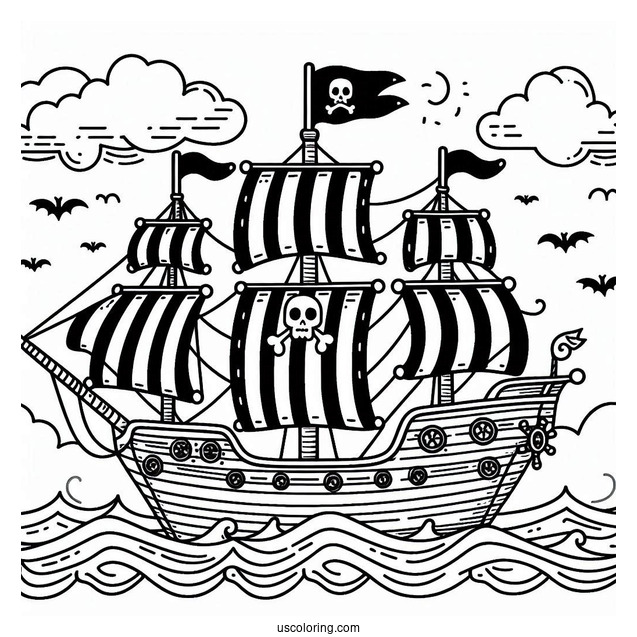 Cute Pirate Ship Coloring Page With Striped Sails At Sea