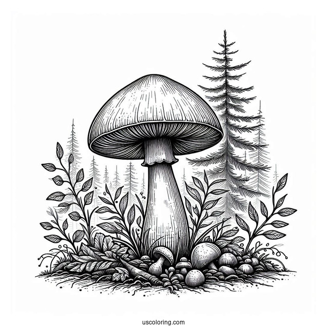 Realistic King Stropharia Mushroom Coloring Page In The Forest