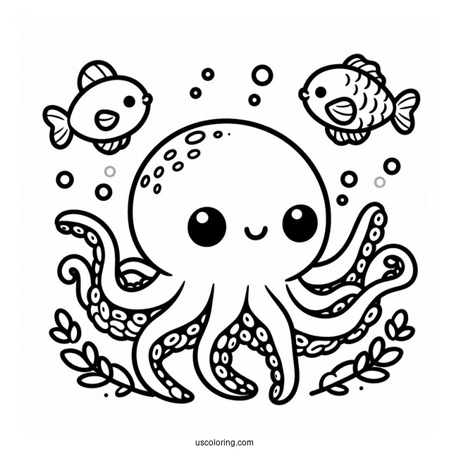 Chibi Octopus Coloring Page Swimming With Fish