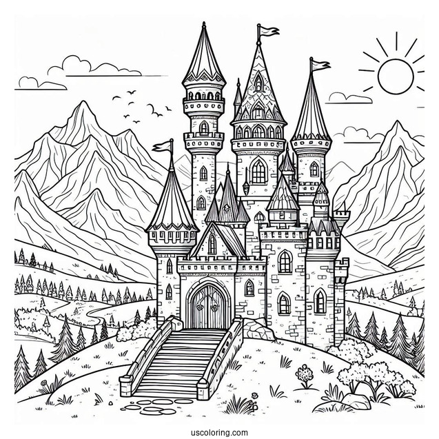 Castle Coloring Page In The Mountains