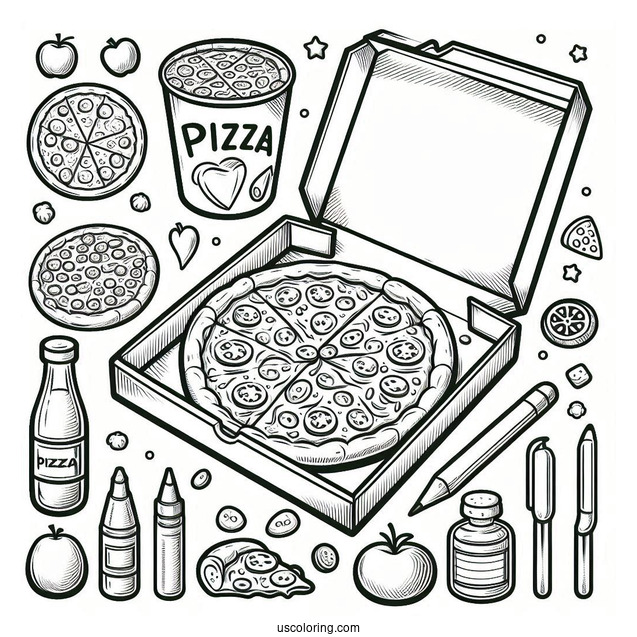 Easy Drawing Of a Pizza And Box To Color
