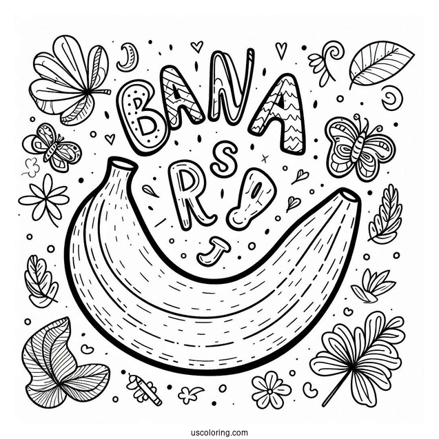 Banana Coloring Page Letters Over A Cute Banana For Preschoolers