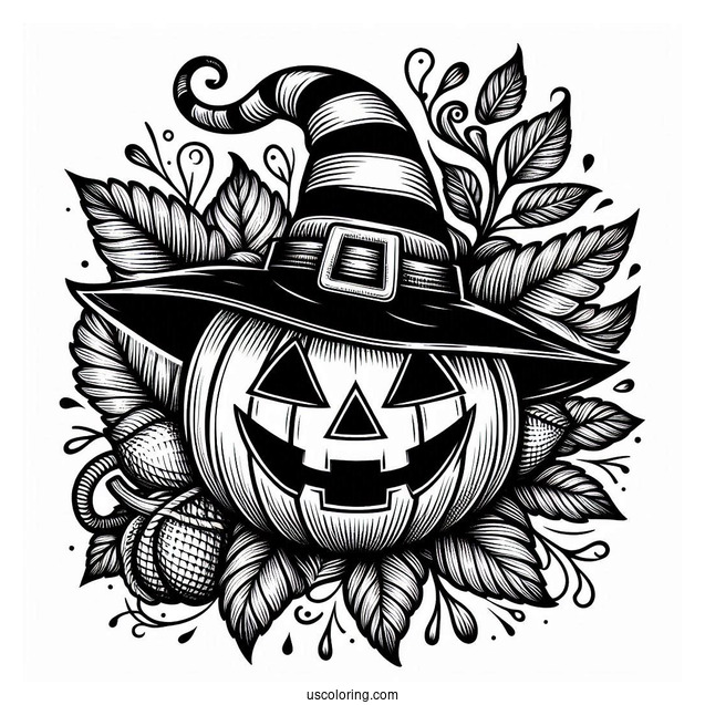 Pumpkin Coloring Page Of Detailed Jack O Lantern Wearing Witch Hat And Leaves