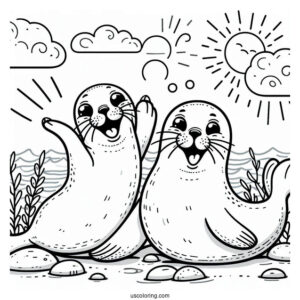 Two Seal Coloring Page Laughing On Land