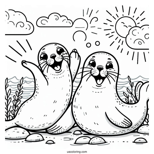 Two Seal Coloring Page Laughing On Land