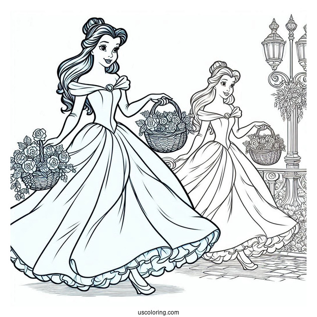 Belle Wearing Blue Dress Walking With Basket