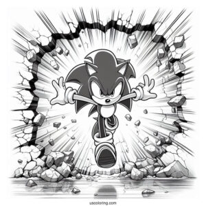 Realistic Super Sonic Coloring Page Breaking Through Wall