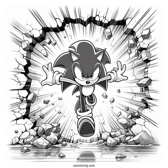 Realistic Super Sonic Coloring Page Breaking Through Wall