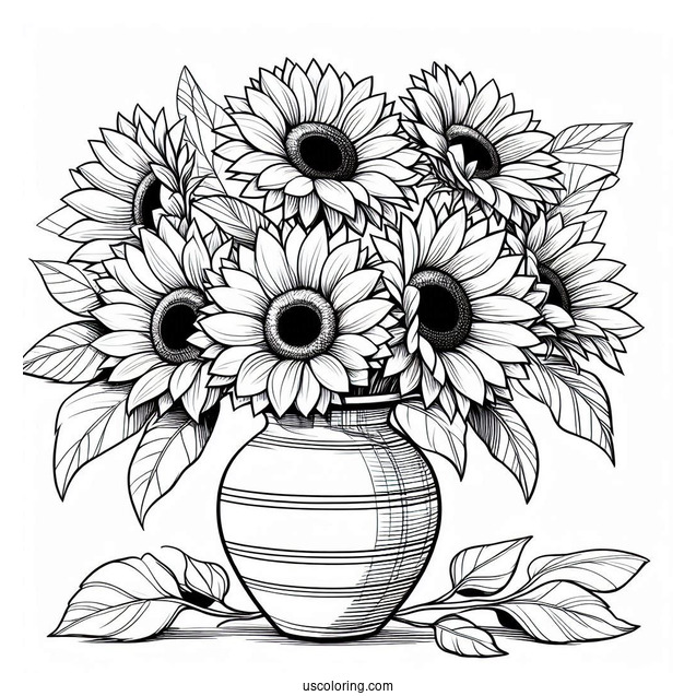 Several Sunflowers In Vase Coloring Sheet