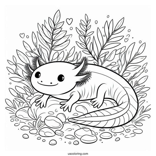 Cheerful Axolotl Coloring Page Swimming Through Weeds