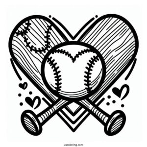 Baseball Coloring Page Of Heart and Bats For Preschoolers