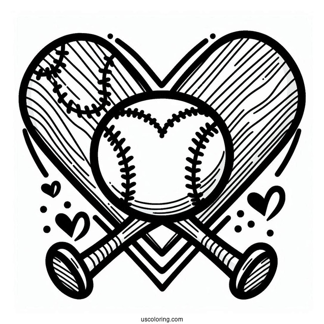 Baseball Coloring Page Of Heart and Bats For Preschoolers