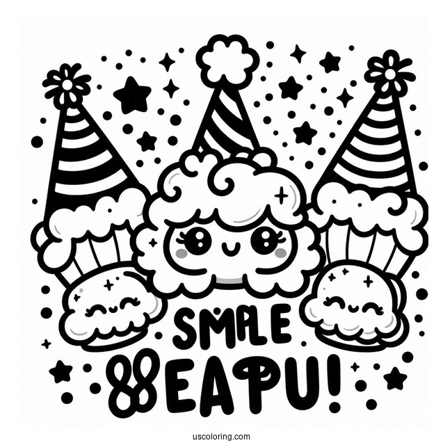 Simple Happy New Year Coloring Page Of Words With Cartoon Party Hats For Kids