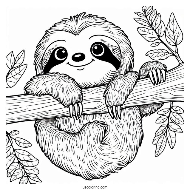 Smiling Sloth Hanging From Tree Branch To Color