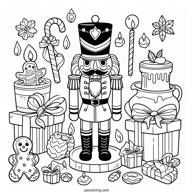 Nutcracker Coloring Page Surrounded By Presents, Gingerbread Men, And Candy Canes