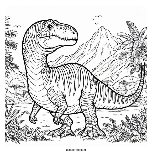 Dinosaur Coloring Page Of Striped Tarbosaurus In Nature