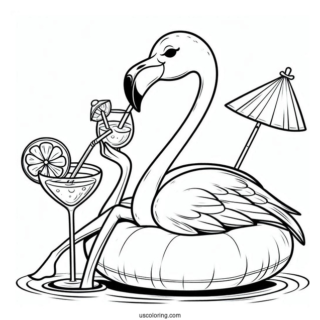 Flamingo Relaxing Drinking a Cocktail To Color