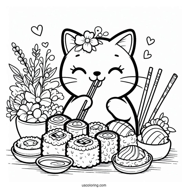 Hungry Cat Enjoying Sushi Coloring Page