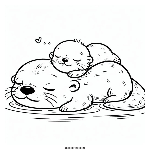 Baby Otter Coloring Page Sleeping On Top Of Mother Otter While Floating