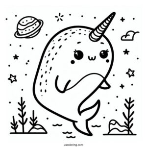 Easy Cartoon Narwhal Coloring Page For Preschoolers