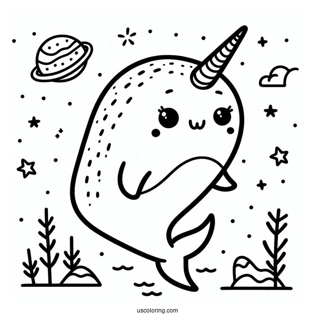Easy Cartoon Narwhal Coloring Page For Preschoolers