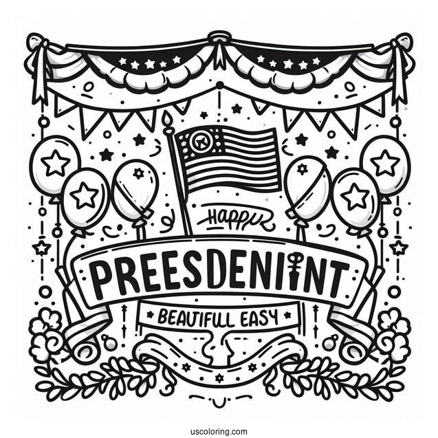 Easy Happy President s Day Banner With Stars And Balloons Coloring Sheet For Kids