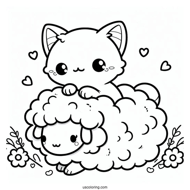 Kawaii Cat Sitting On A Fluffy Sheep Coloring Page