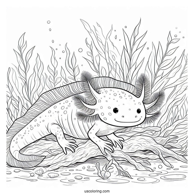 Adult Axolotl Coloring Page Wading Through Seaweed