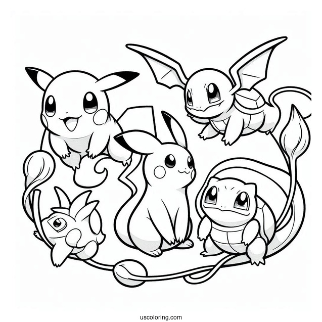 Pikachu, Charmander, Bulbasaur, Squirtle, And Mew Coloring Page In A Circle