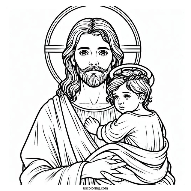 Holy Jesus Coloring Page With A Halo Carrying A Little Boy