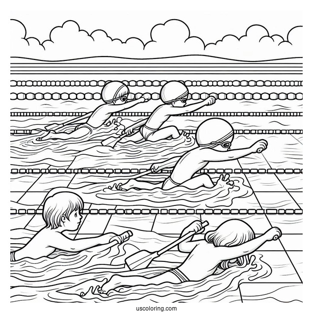 Swimming Coloring Page Of Children Holding Onto Lane Lines While Paddling Feet