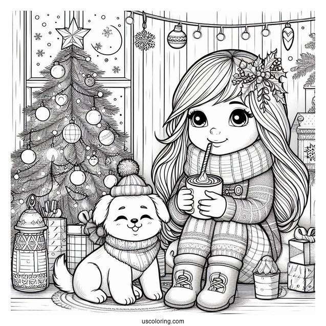 Christmas Coloring Pages For Adults Of Little Girl Drinking Hot Chocolate Next To The Christmas Tree With Her Dog