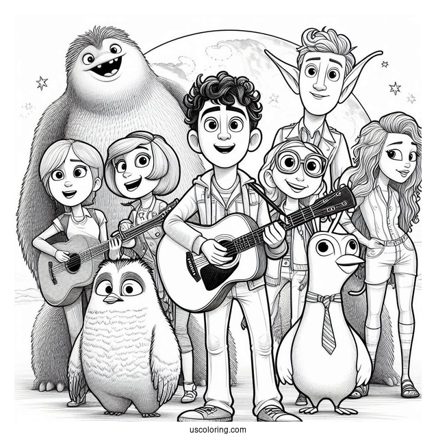 Sing Coloring Page Of Gunter, Rosita, Buster Moon, Johnny, Ash, And Meena In Sing Poster
