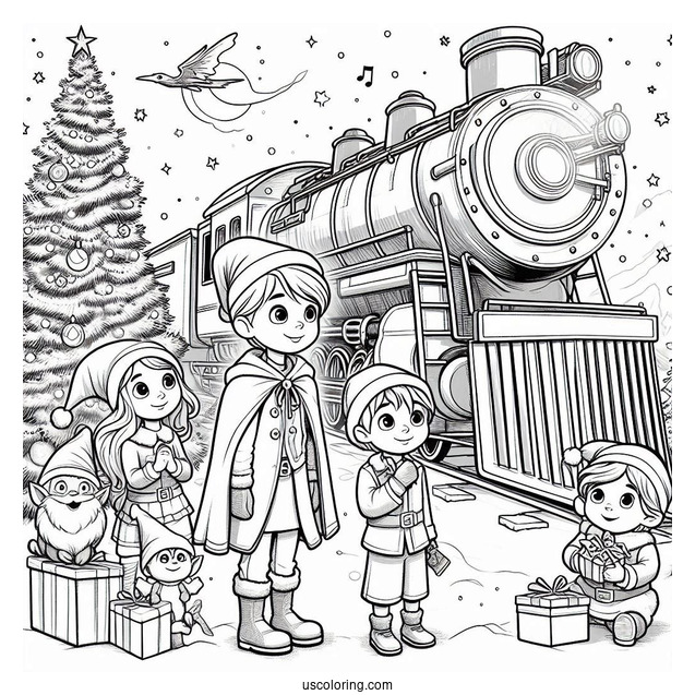 Polar Express Coloring Page Of Hero Boy, Hero Girl, And Lonely Boy With The Elves Around A Christmas Tree