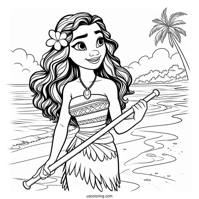 Moana Holding An Oar At The Beach Coloring Page For Kids
