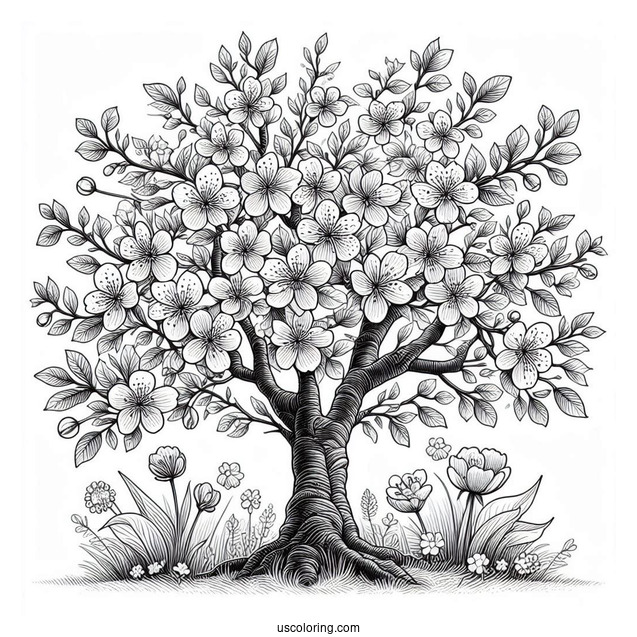 Large Tree Blooming Flowers In Spring Coloring Page