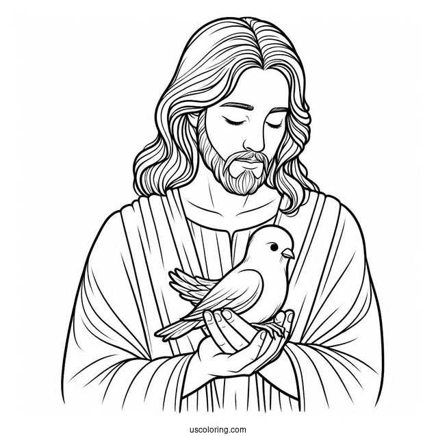 Peaceful Jesus Coloring Pages Holding A Bird For Kids