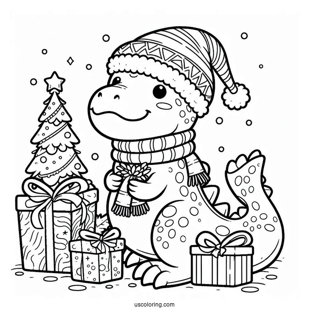 Cute Christmas Themed T-Rex Coloring Page