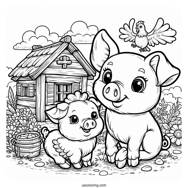 Detailed Pig And Chicken Coloring Sheet