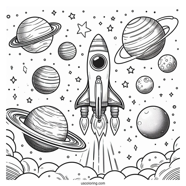 Rocket Taking Off Into Space With Planets To Color